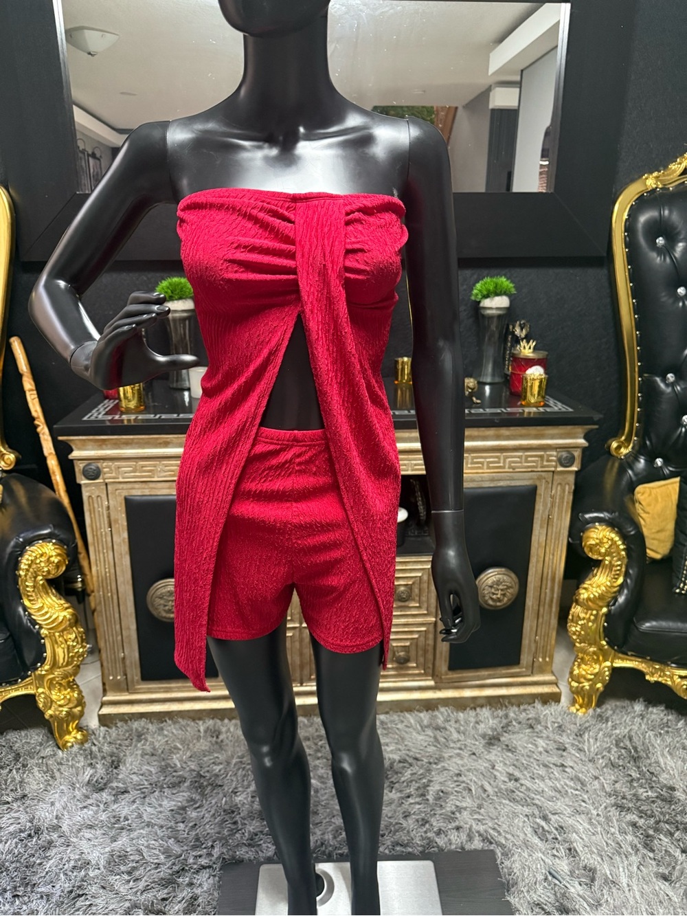 Women’s Red Strapless Two-Piece Shorts Set